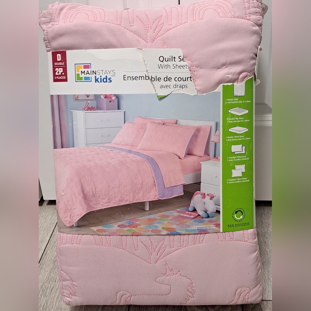 New Mainstays Kids Light Pink Unicorn 7pc Quilt Set With Sheets